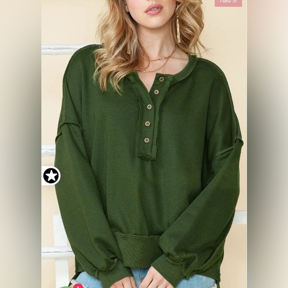 Green slouchy drop shoulder henley sweatshirt size large M6 - Picture 1 of 11